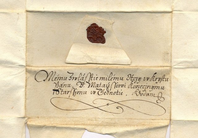 The address on one of the envelopes - "My particularly beloved father in Christ, Bishop Matous Konecny, the elder of the Unity of the Brethren, to be delivered."