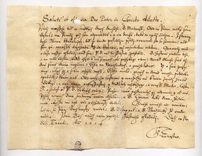 Jiri Erastus’ letter, the successor of Jan Cruciger in Ivancice.