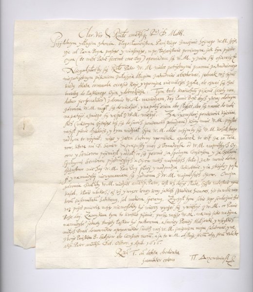 The letter of clergyman Pavel Drevinek from Ostrorog near Poznan.