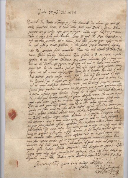 The letter written by Julian Poniatowski, of a Polish nobleman Catholic ancestry, who converted to the Brethren religion and who worked as a churchman in Bohemia, Silesia and Poland.
