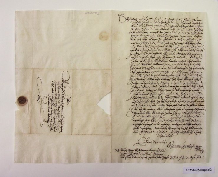 The letter from Jiri Sadovsky of Sloupno, the governor of the Hradec Kralove region. He concealed Jan Amos Comenius at his manor in Bila Tremesna by Hradec Kralove, and went with him into exile in 1628.