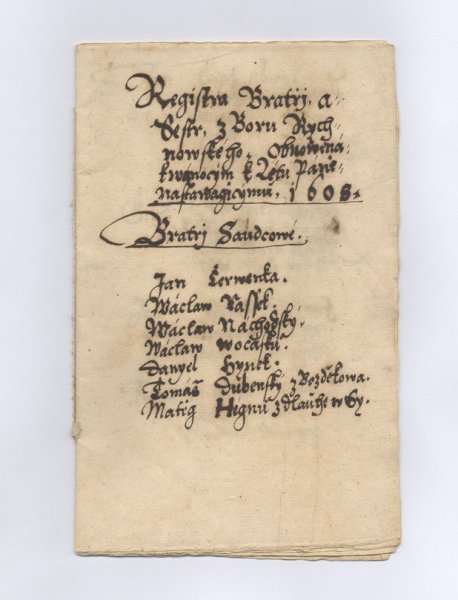"The register of brothers and sisters from the Rychnov congregation restored to Christmas of forthcoming 1608." 