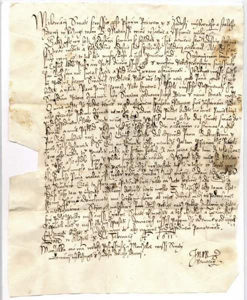 Jeden ze dvou zachovalých dopisů Jana Narcise Vrchopolského, biskupa se sídlem v Brandýse nad Orlicí.