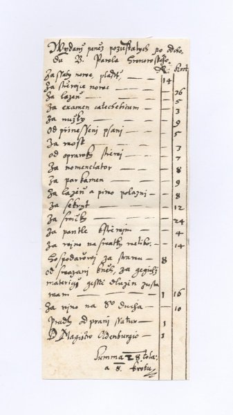 Rejstříky „vydání peněz“ Daniela Němčanského při studiích v Brémách.